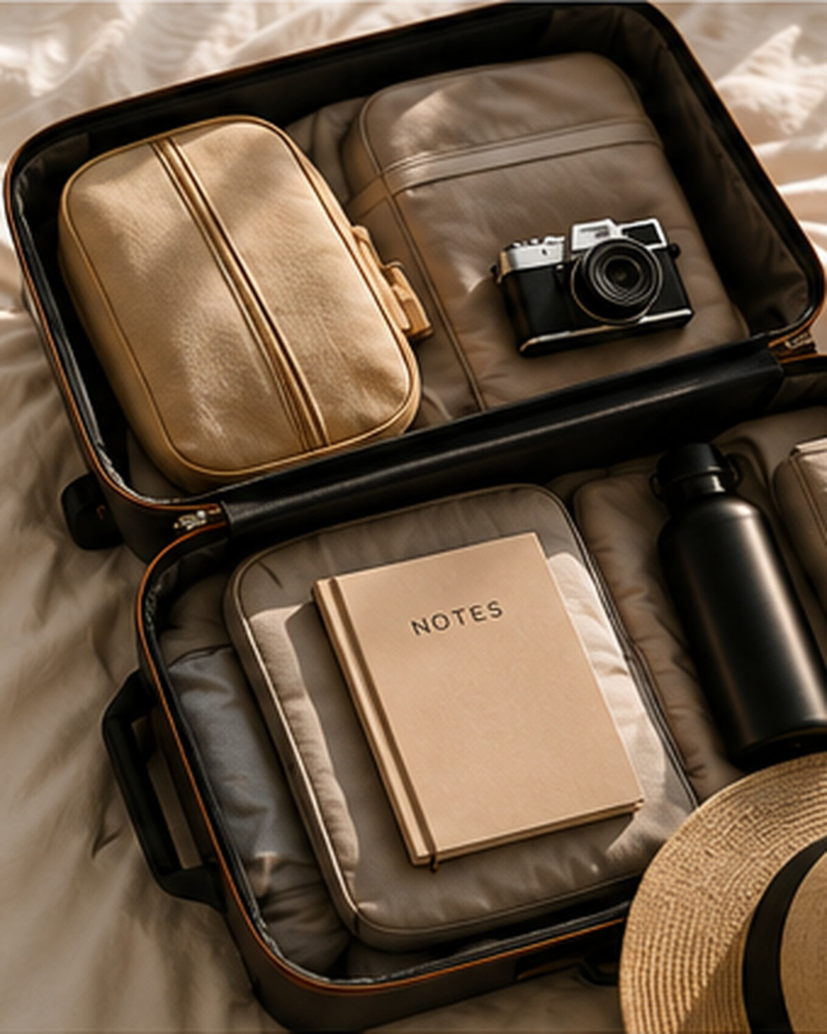 Travel essentials prepared for an upcoming journey